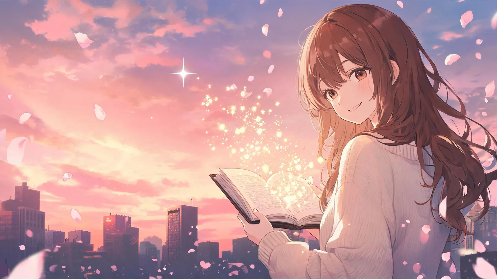 A girl on a rooftop at dusk smiles over her shoulder as pages turn into light
