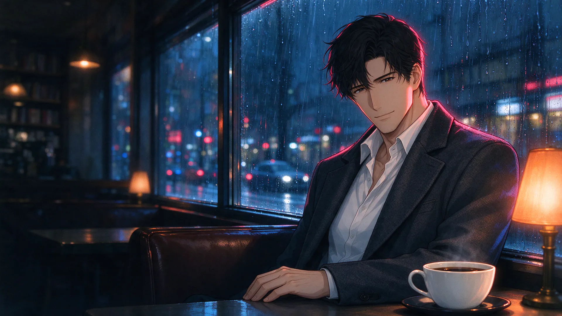雨夜的咖啡馆窗边，一个穿深色大衣的男人侧过身来，屋里是暖黄的灯，窗外是蓝色的雨