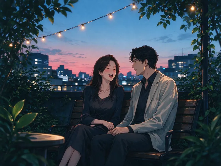 屋顶花园的灯串下，两个人坐在长椅上说笑